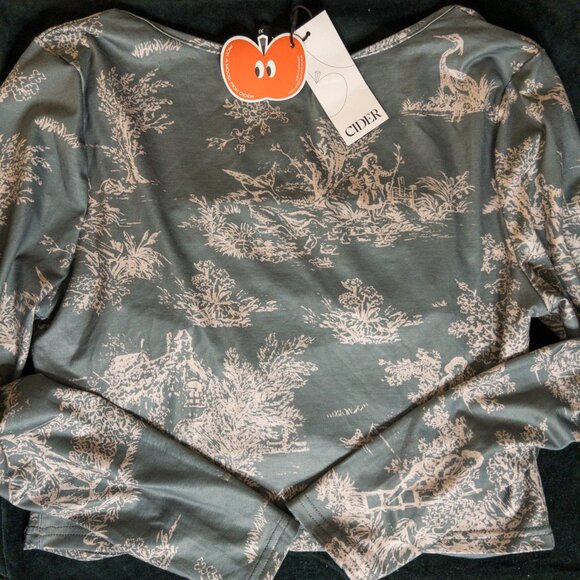 Cider Toile Print Ruched Square Neck Top | XL | Long Sleeve Feminine Cottagecore - Picture 3 of 8